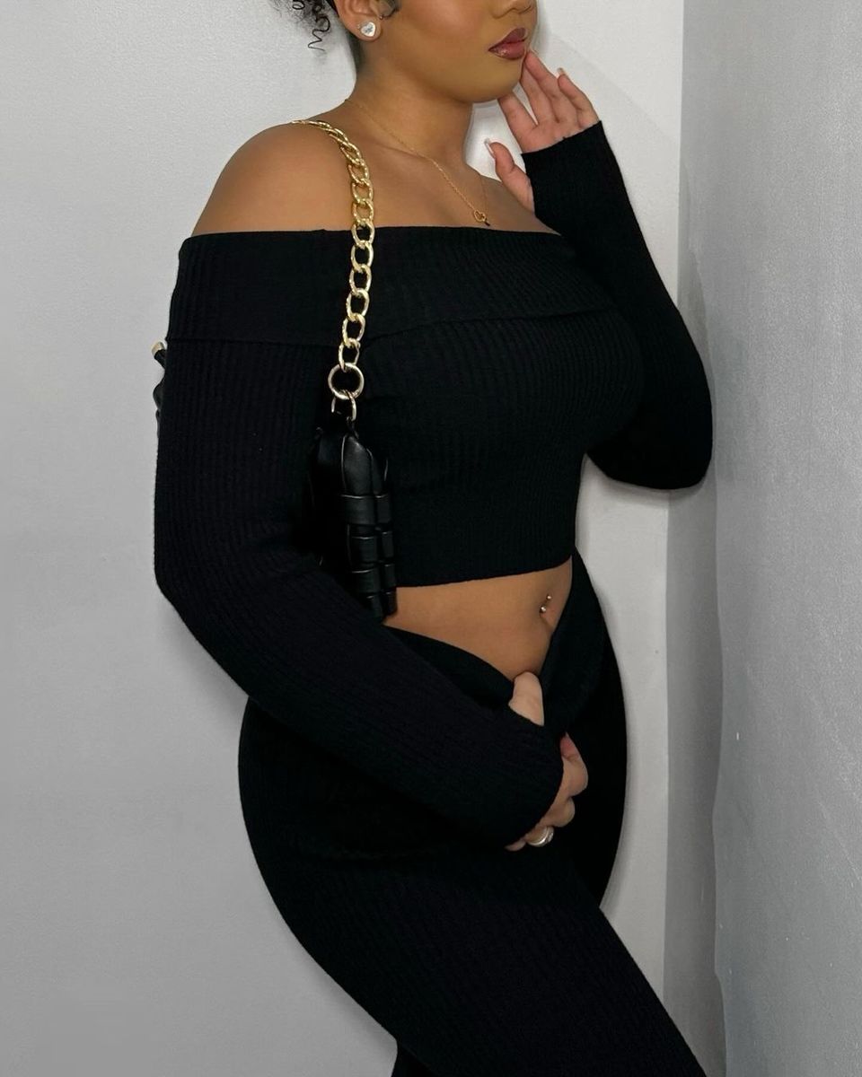 Knitted Co-ord Set in Black with Off Shoulder Crop Top and Trousers