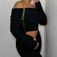 Knitted Co-ord Set in Black with Off Shoulder Crop Top and Trousers