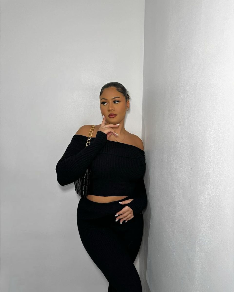 Knitted Co-ord Set in Black with Off Shoulder Crop Top and Trousers