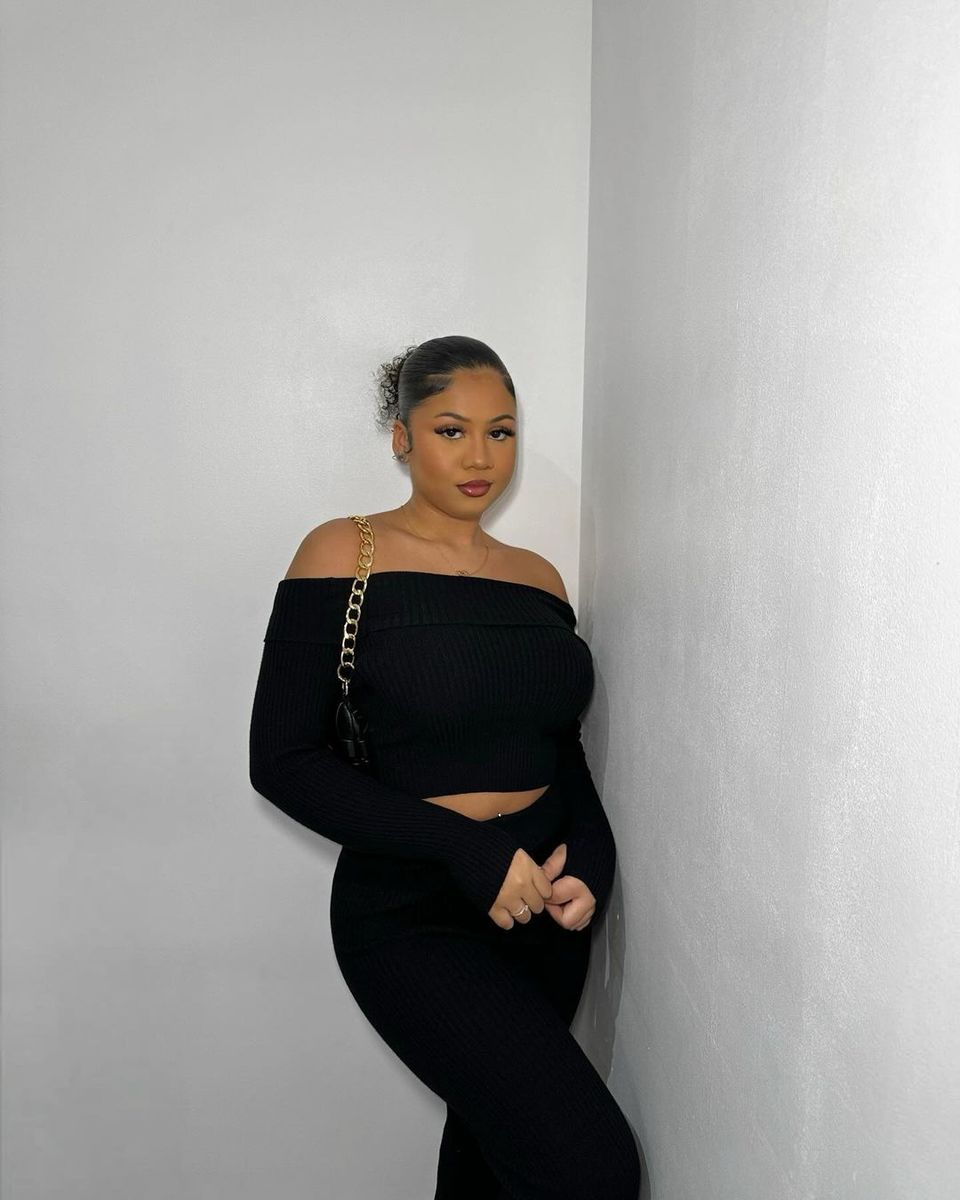 Knitted Co-ord Set in Black with Off Shoulder Crop Top and Trousers