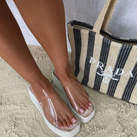 Beige transparent strap platform wedge heels with clear single-band upper
