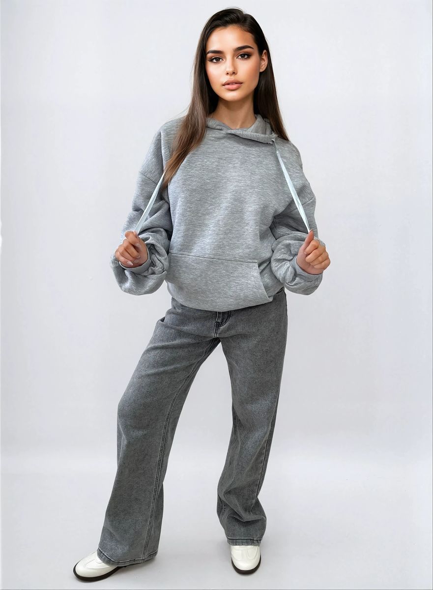 Oversized gray hoodie with ruched sleeves, front pouch pocket, and drawstring hood