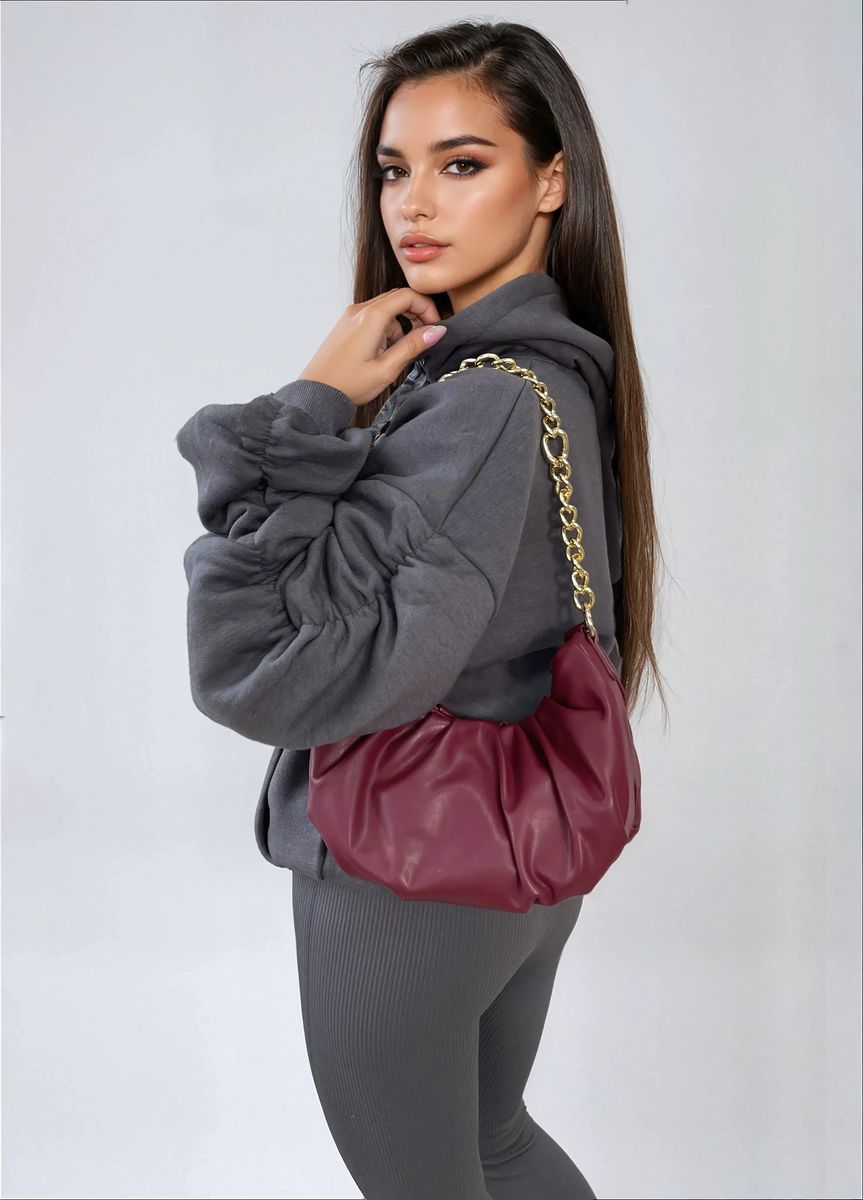Charcoal oversized hoodie with ruched sleeves, drawstring hood, and front pouch pocket