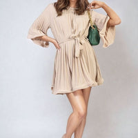Pleated Mini Dress in Grey with Tie Waist and Wide Sleeves