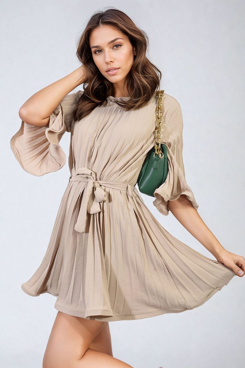 Pleated Mini Dress in Grey with Tie Waist and Wide Sleeves