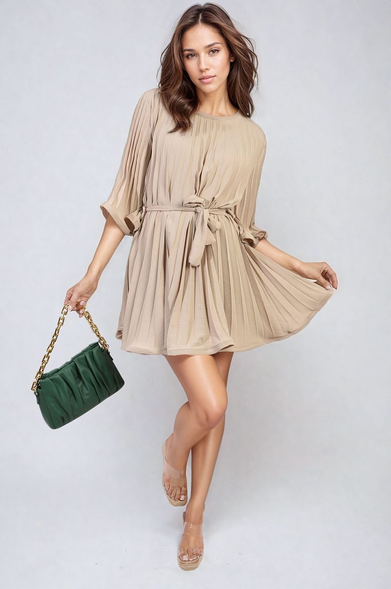 Pleated Mini Dress in Grey with Tie Waist and Wide Sleeves
