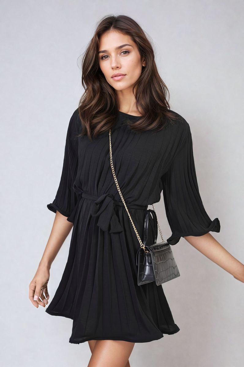 Pleated Mini Dress in Grey with Tie Waist and Wide Sleeves