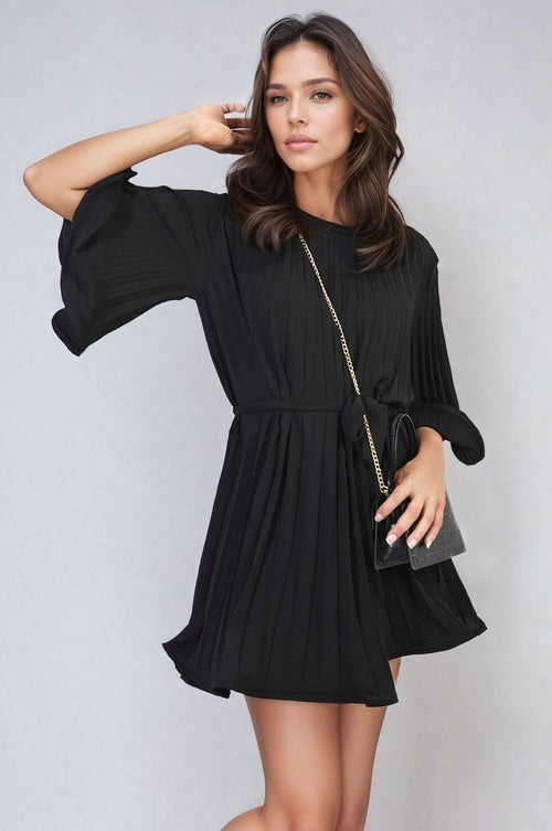 Pleated Mini Dress in Grey with Tie Waist and Wide Sleeves