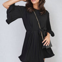 Pleated Mini Dress in Grey with Tie Waist and Wide Sleeves