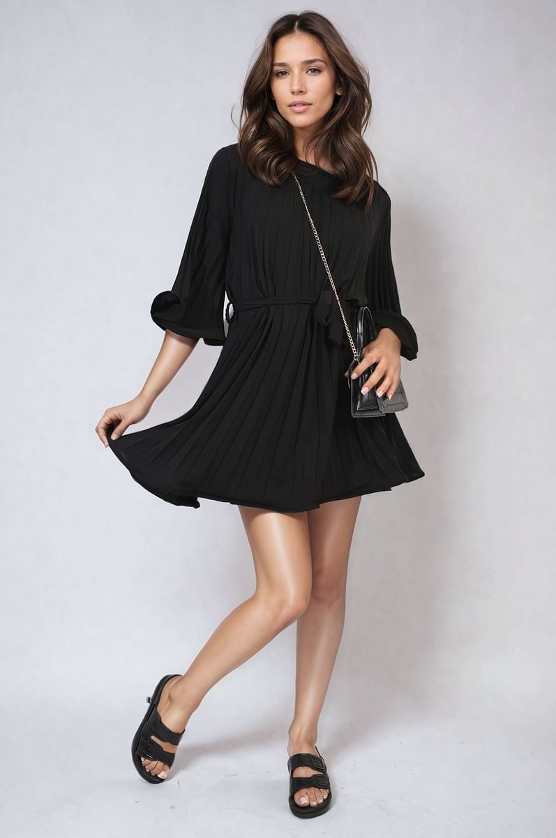 Pleated Mini Dress in Grey with Tie Waist and Wide Sleeves