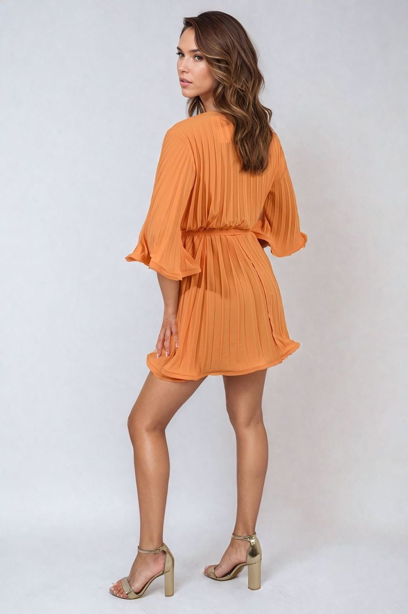 Pleated Mini Dress in Grey with Tie Waist and Wide Sleeves