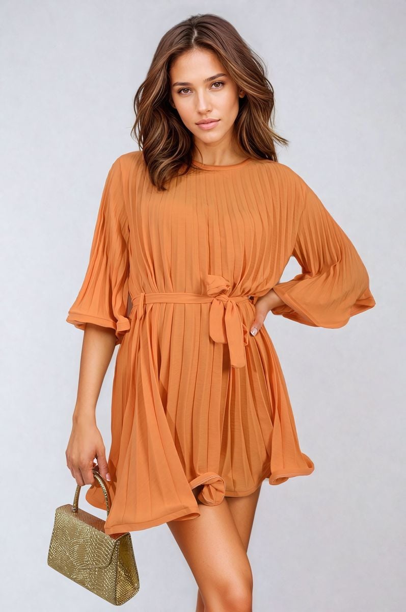 Pleated Mini Dress in Grey with Tie Waist and Wide Sleeves