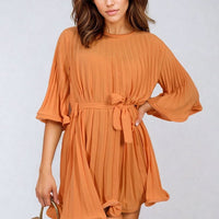 Pleated Mini Dress in Grey with Tie Waist and Wide Sleeves