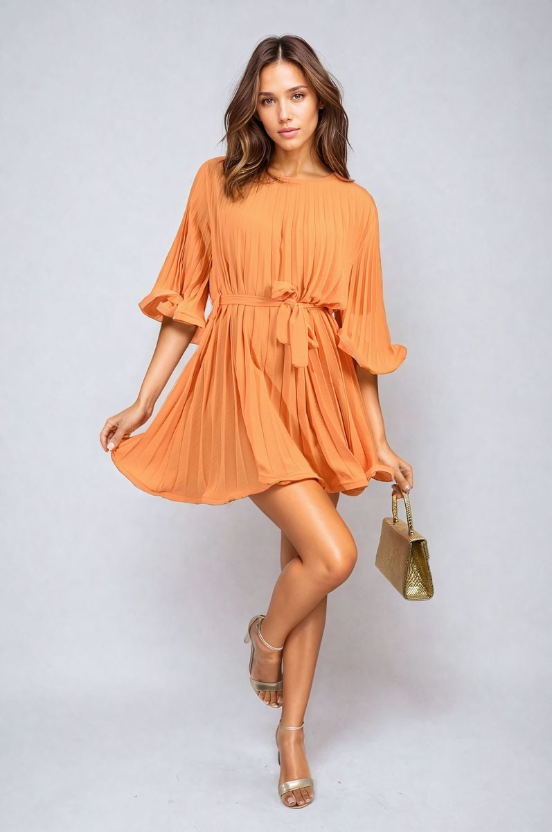Pleated Mini Dress in Grey with Tie Waist and Wide Sleeves