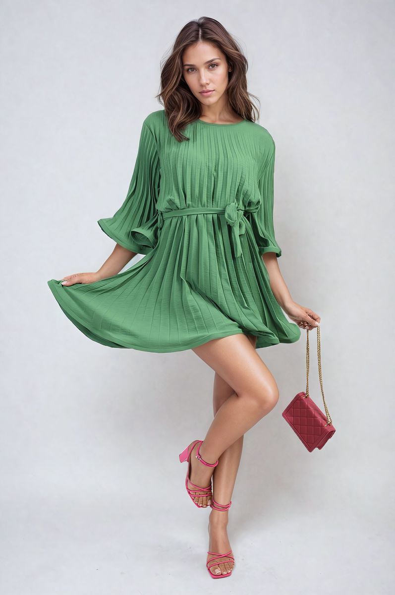 Pleated Mini Dress in Grey with Tie Waist and Wide Sleeves