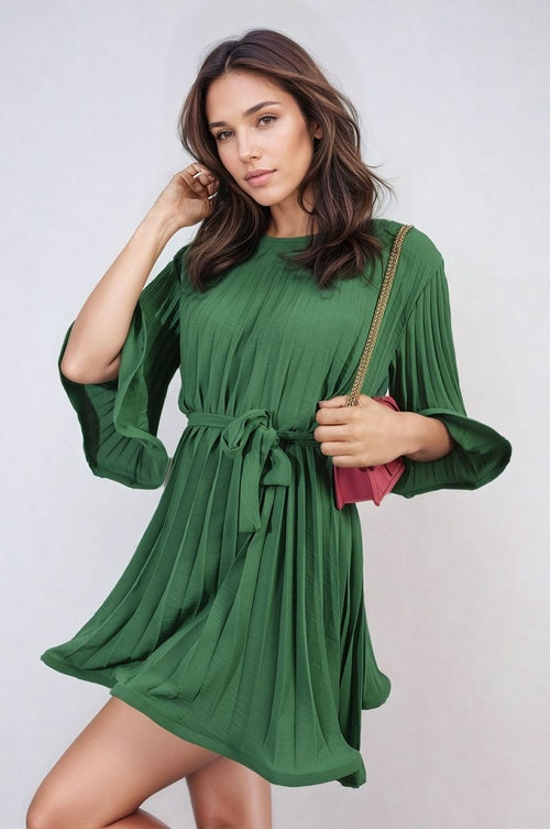 Pleated Mini Dress in Grey with Tie Waist and Wide Sleeves