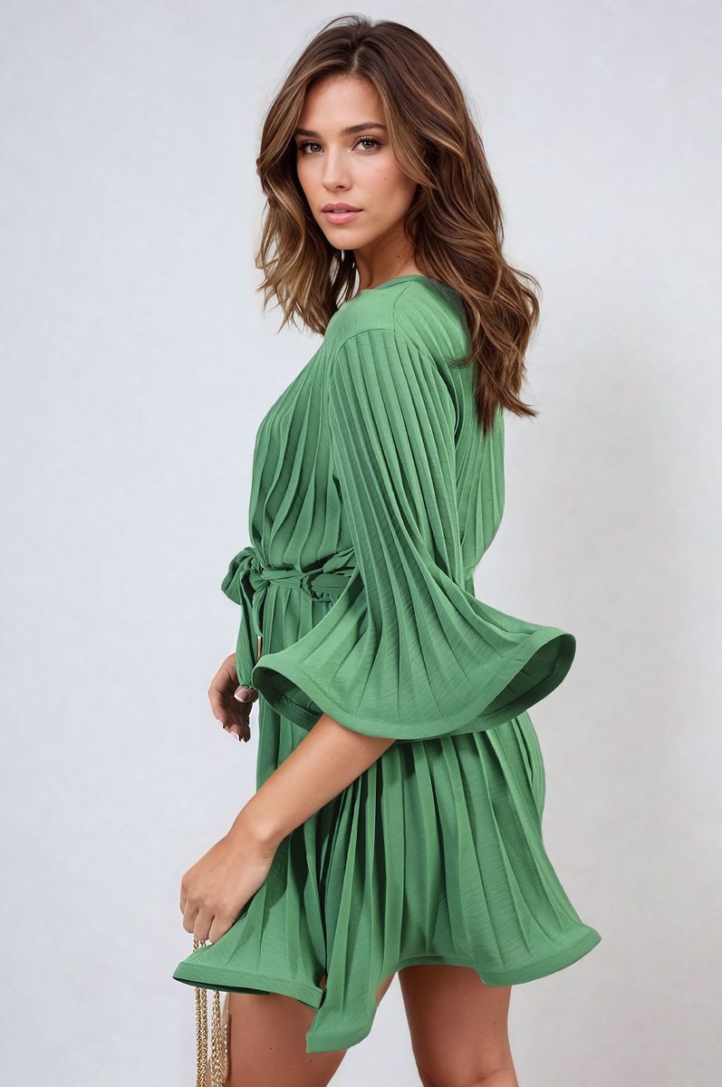 Pleated Mini Dress in Grey with Tie Waist and Wide Sleeves
