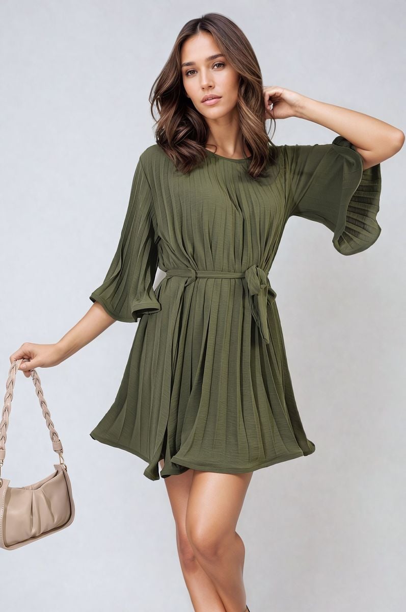 Pleated Mini Dress in Grey with Tie Waist and Wide Sleeves