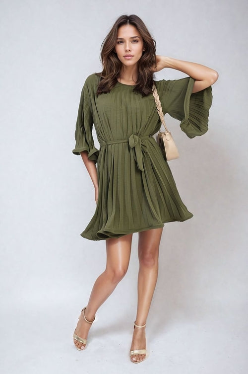 Pleated Mini Dress in Grey with Tie Waist and Wide Sleeves