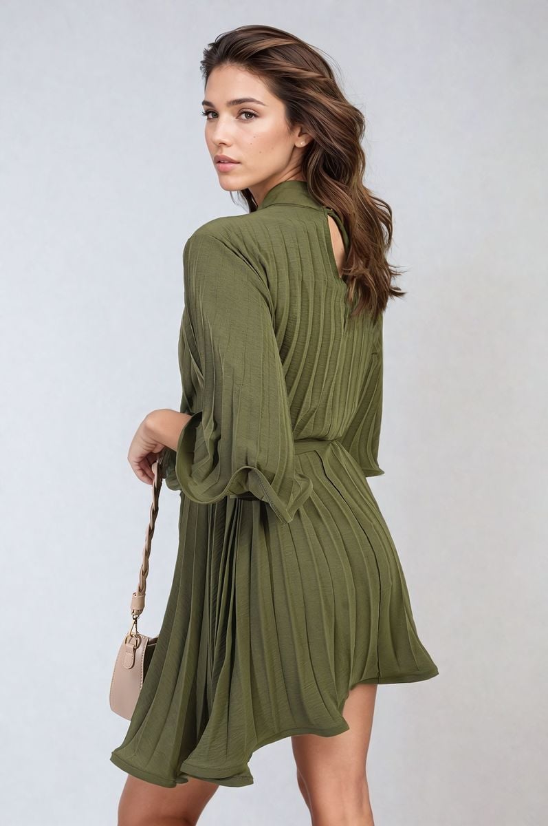 Pleated Mini Dress in Grey with Tie Waist and Wide Sleeves