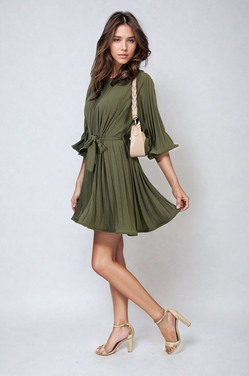 Pleated Mini Dress in Grey with Tie Waist and Wide Sleeves