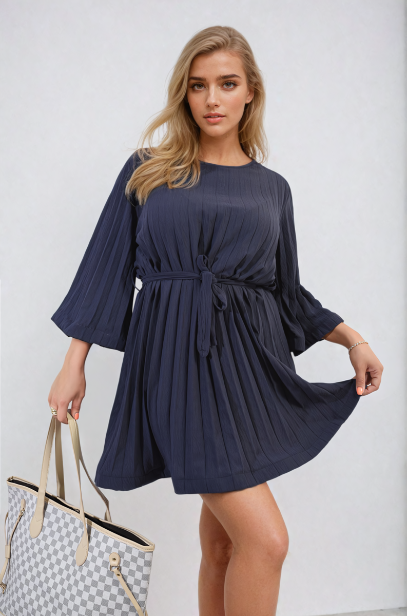 Pleated Mini Dress in Grey with Tie Waist and Wide Sleeves
