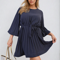 Pleated Mini Dress in Grey with Tie Waist and Wide Sleeves