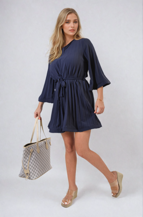 Pleated Mini Dress in Grey with Tie Waist and Wide Sleeves
