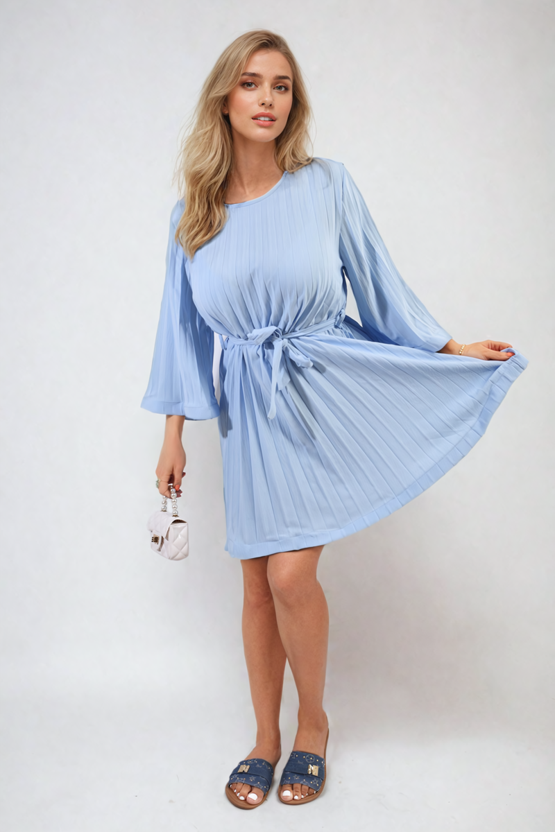 Pleated Mini Dress in Grey with Tie Waist and Wide Sleeves