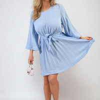 Pleated Mini Dress in Grey with Tie Waist and Wide Sleeves