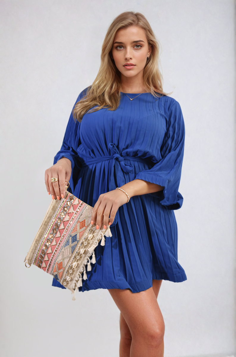 Pleated Mini Dress in Grey with Tie Waist and Wide Sleeves
