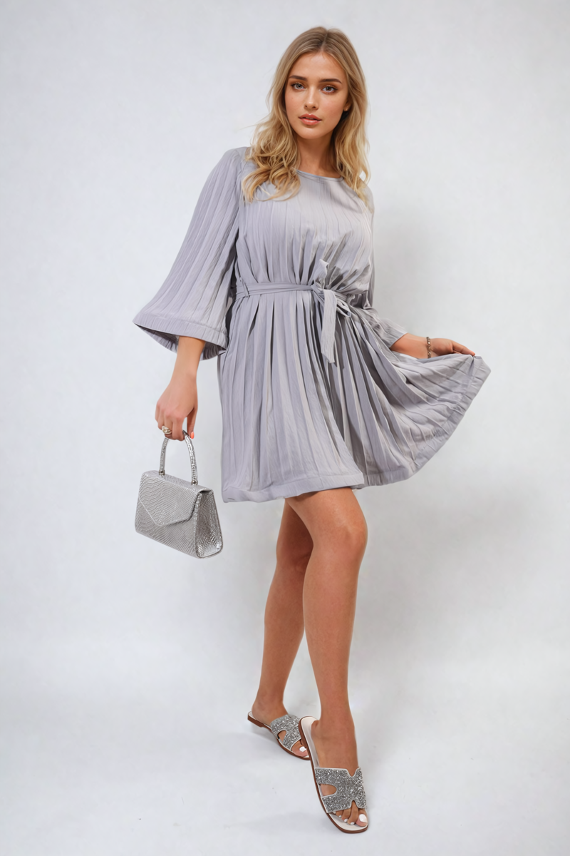 Pleated Mini Dress in Grey with Tie Waist and Wide Sleeves