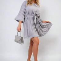 Pleated Mini Dress in Grey with Tie Waist and Wide Sleeves