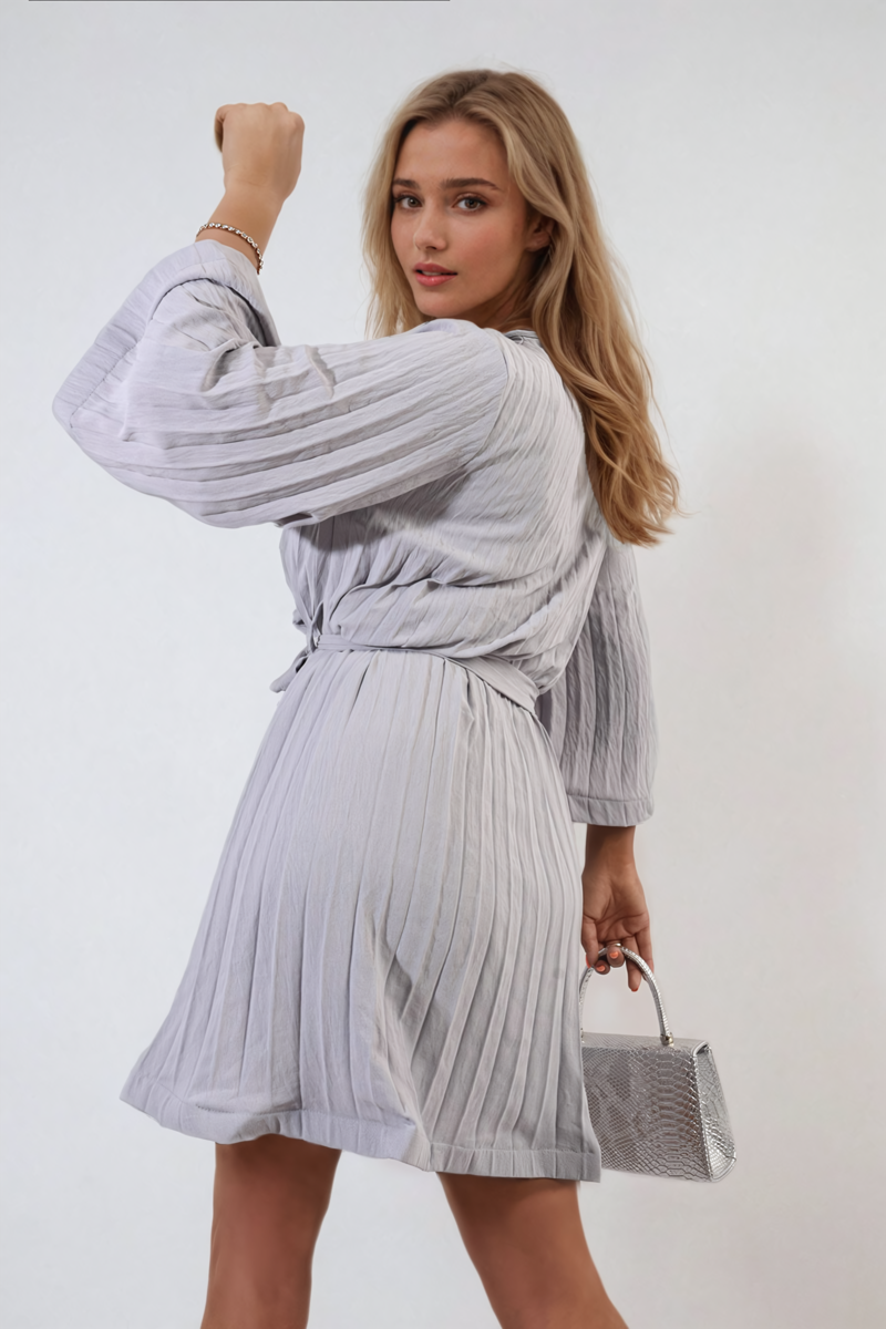 Pleated Mini Dress in Grey with Tie Waist and Wide Sleeves