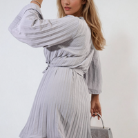 Pleated Mini Dress in Grey with Tie Waist and Wide Sleeves