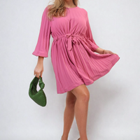Pleated Mini Dress in Grey with Tie Waist and Wide Sleeves