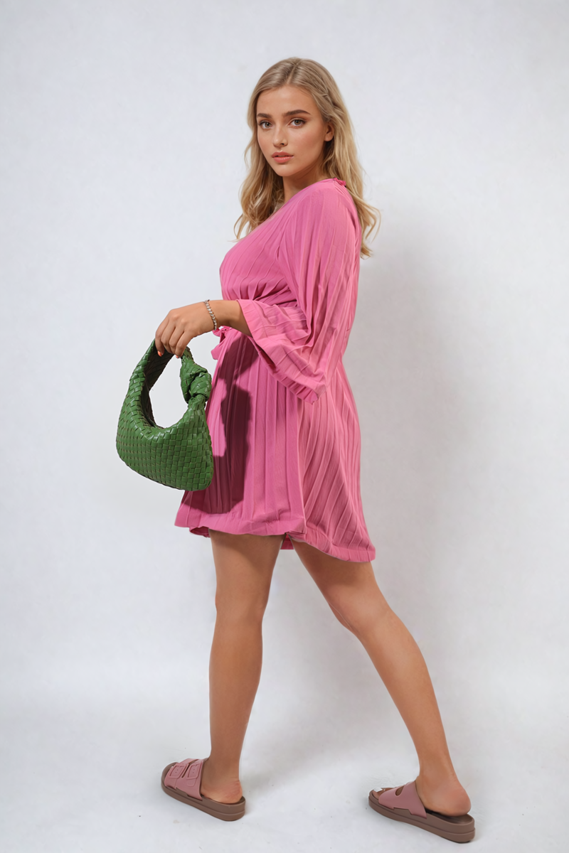 Pleated Mini Dress in Grey with Tie Waist and Wide Sleeves