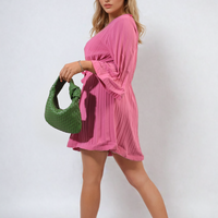 Pleated Mini Dress in Grey with Tie Waist and Wide Sleeves