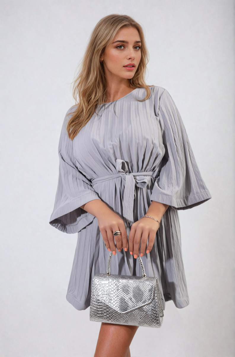 Pleated Mini Dress in Grey with Tie Waist and Wide Sleeves