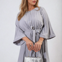Pleated Mini Dress in Grey with Tie Waist and Wide Sleeves