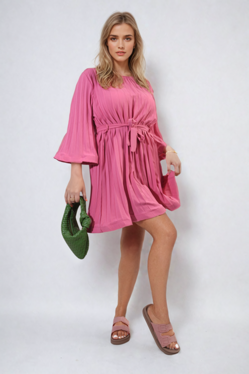 Pleated Mini Dress in Grey with Tie Waist and Wide Sleeves