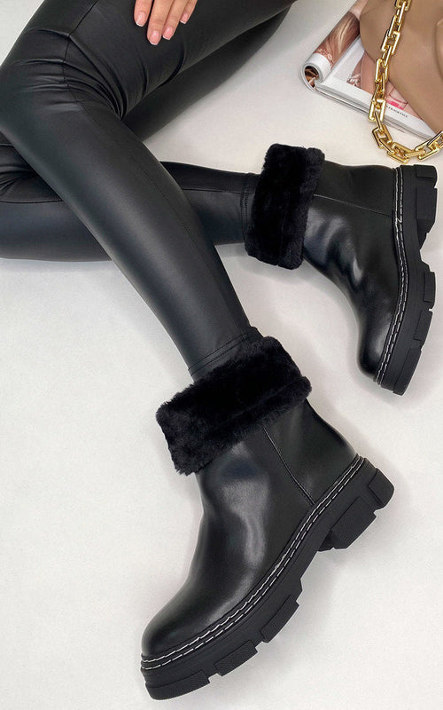 Ankle Boots in Cream with Fluffy Cuffs and Chunky Soles