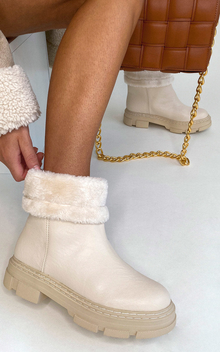 Ankle Boots in Cream with Fluffy Cuffs and Chunky Soles