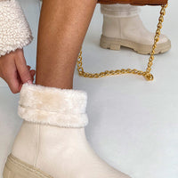Ankle Boots in Cream with Fluffy Cuffs and Chunky Soles
