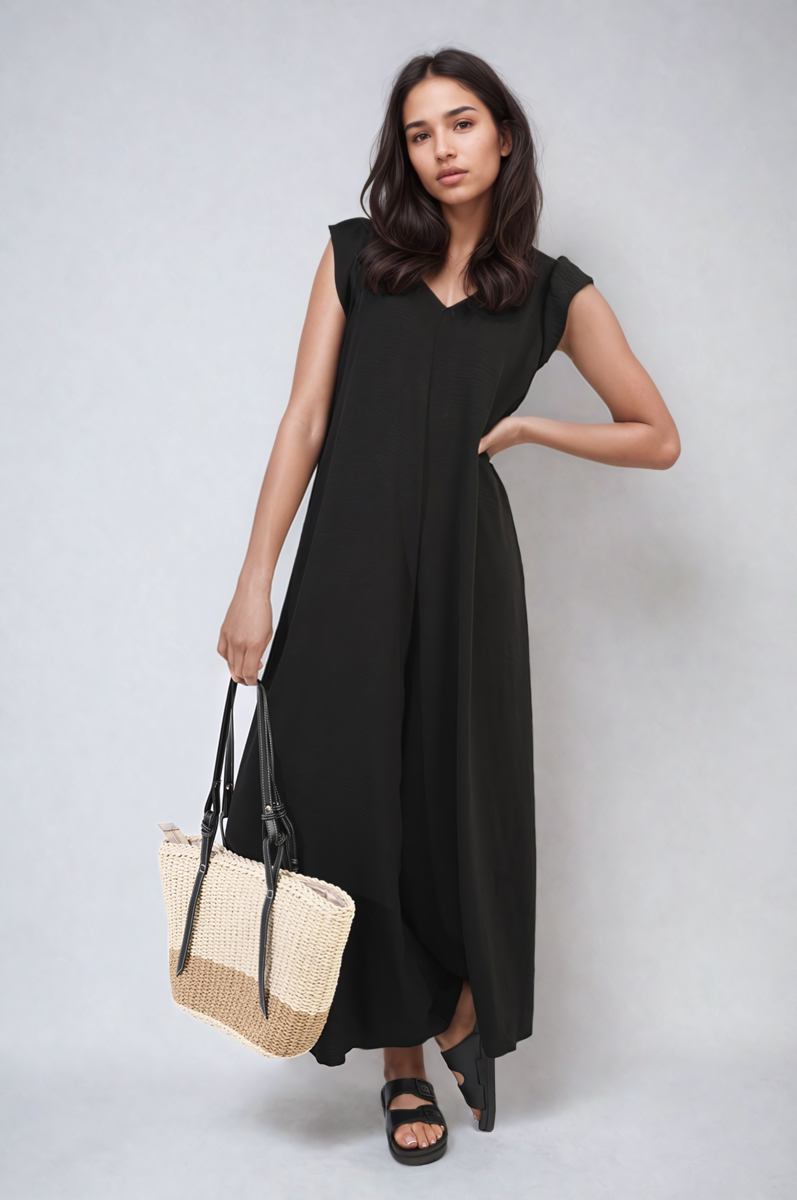 Black wide-leg jumpsuit with V-neck and short flutter sleeves