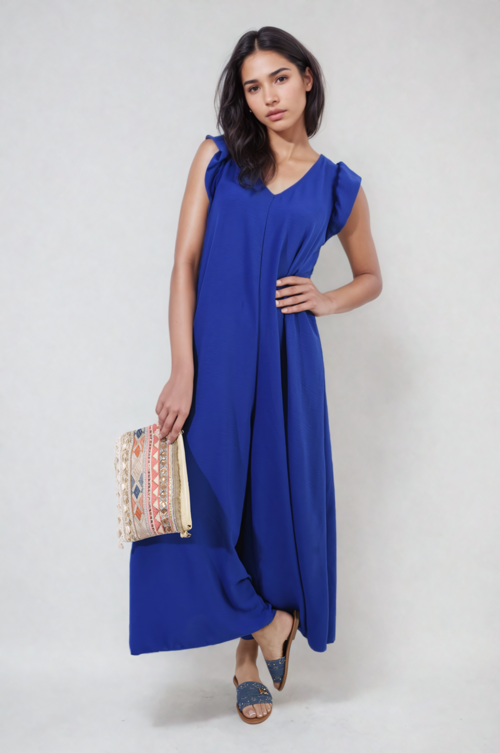 Wide-leg jumpsuit in deep blue with V-neck and ruffle-shoulder sleeves