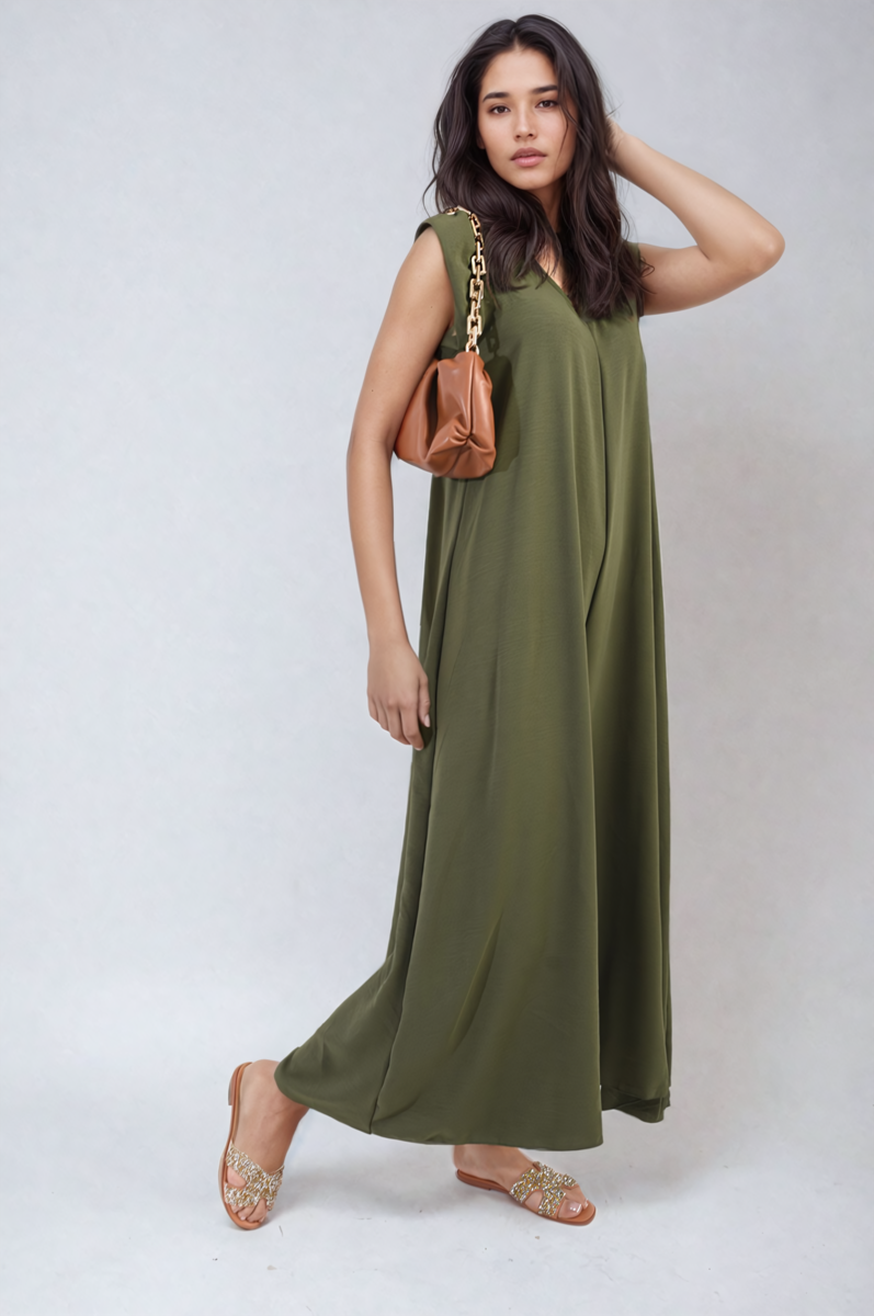 Olive green wide-leg jumpsuit with sleeveless V-neck and tied shoulder detail