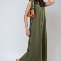 Olive green wide-leg jumpsuit with sleeveless V-neck and tied shoulder detail