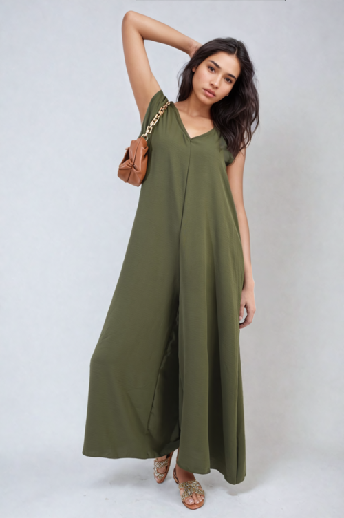 Wide-leg jumpsuit in olive green with V-neck and sleeveless design