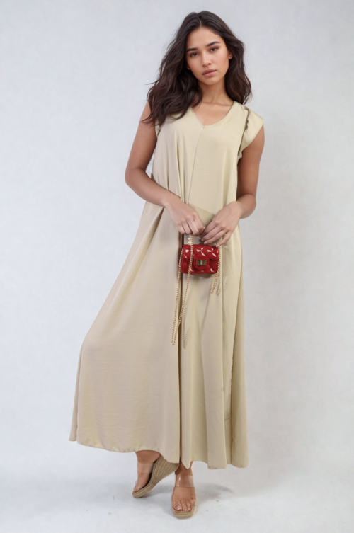 Beige wide-leg jumpsuit with V-neck and ruffle sleeves, long draped waist